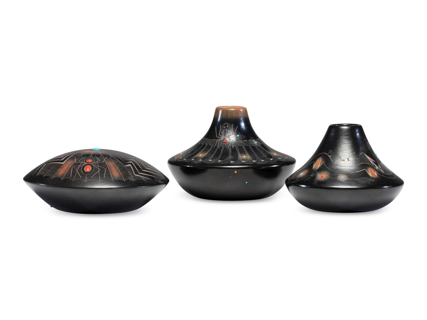 Black and Sienna Sgraffito Pottery Vases