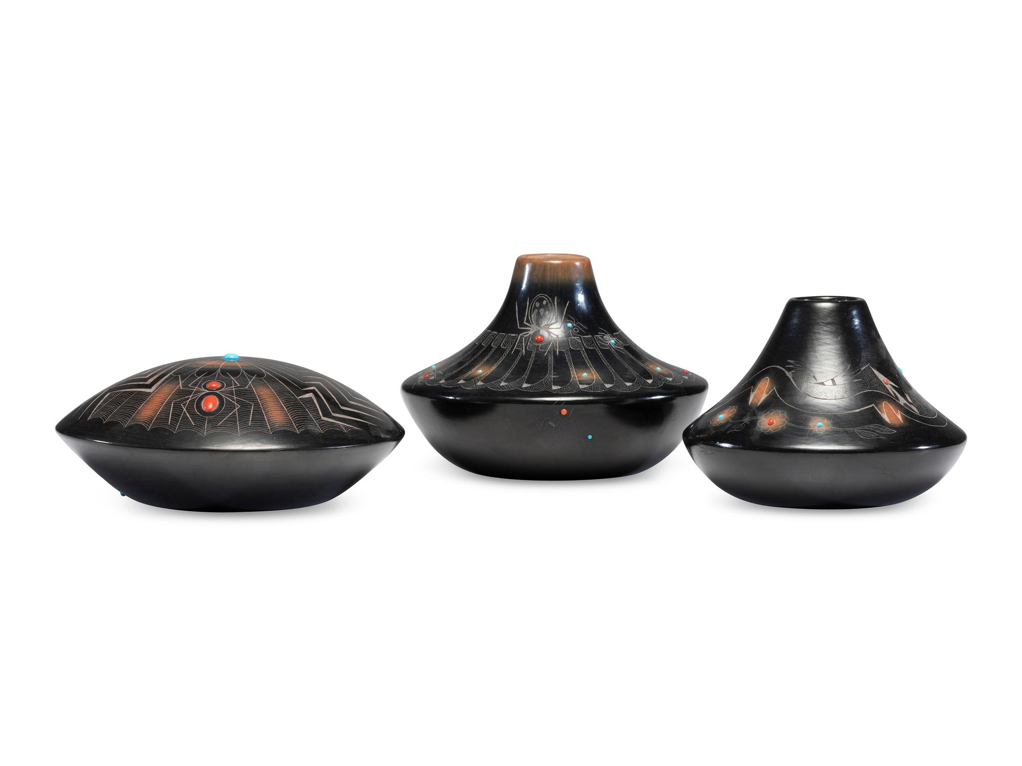 Black and Sienna Sgraffito Pottery Vases