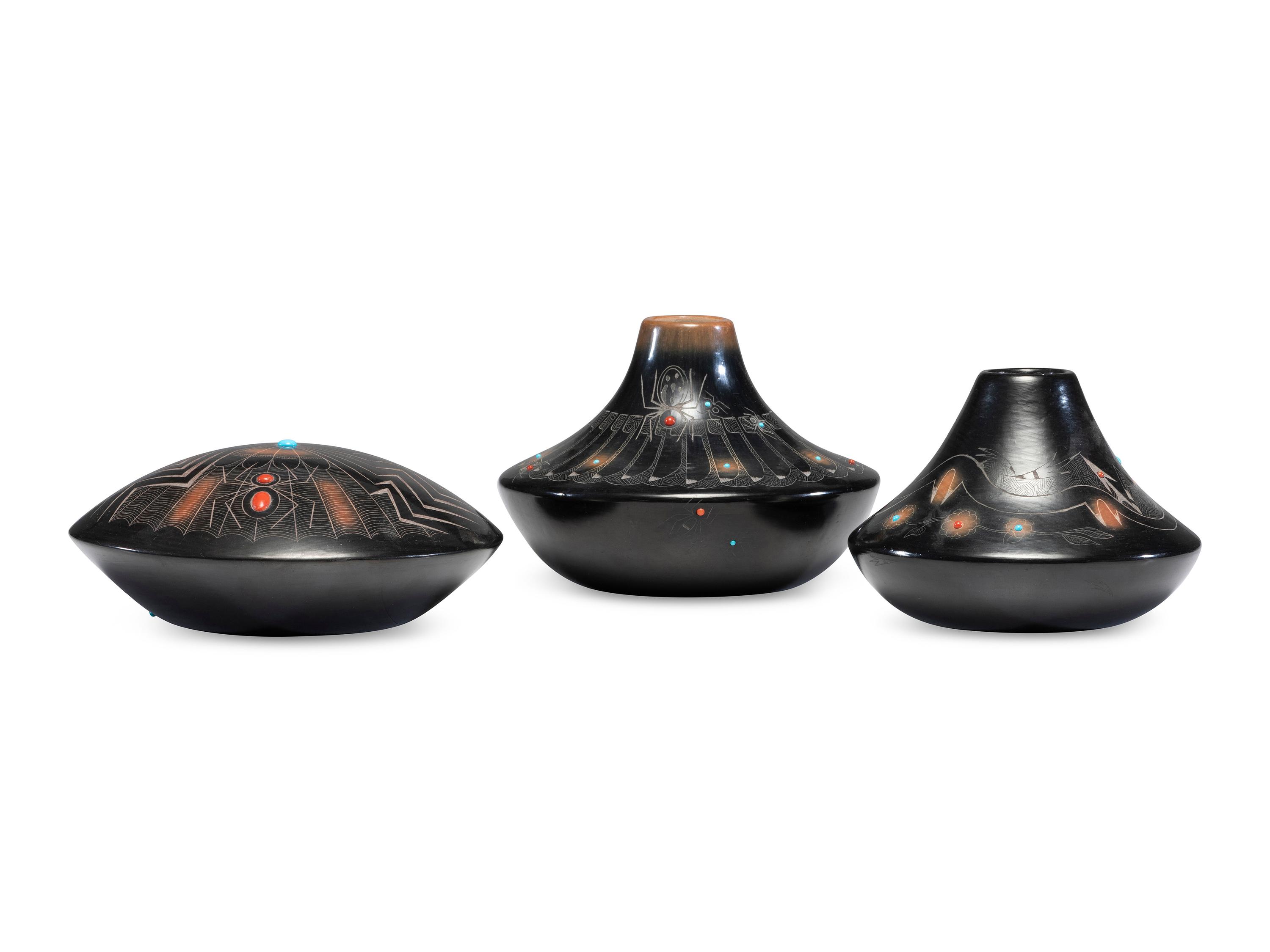 Black and Sienna Sgraffito Pottery Vases