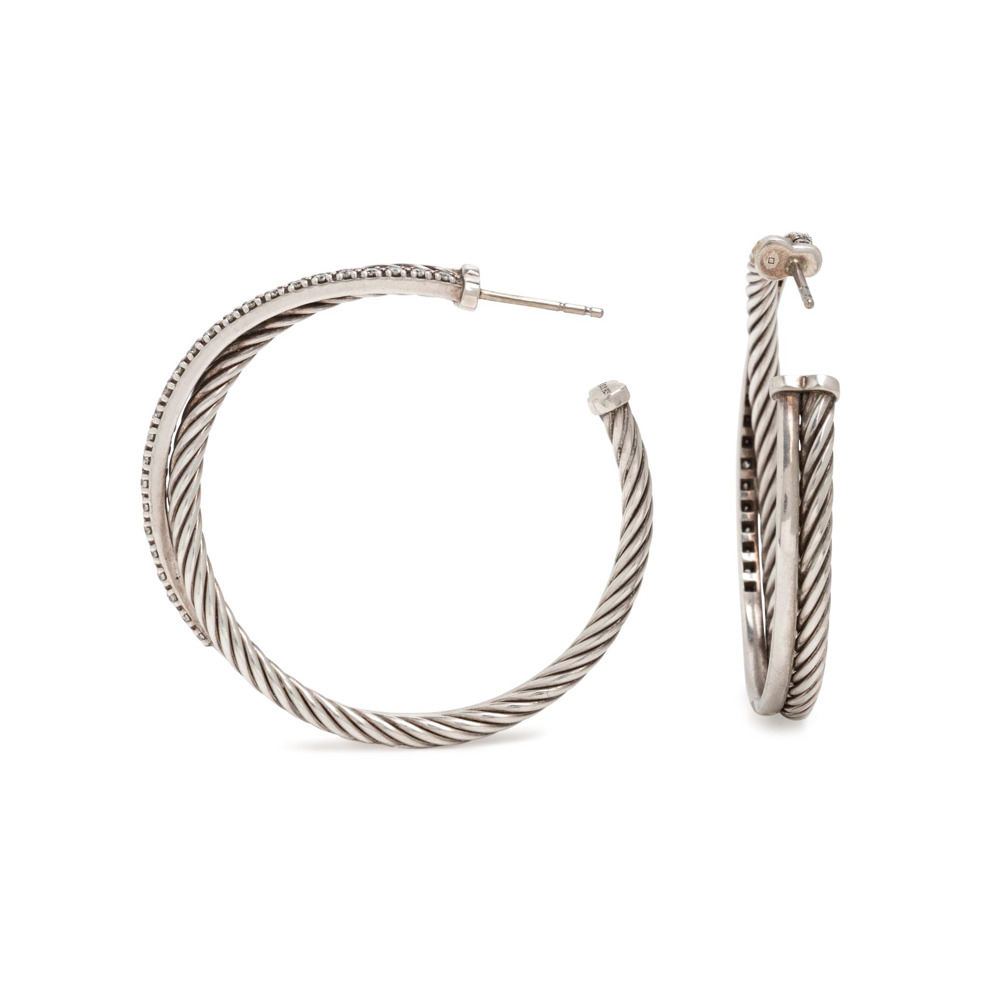 David Yurman, Sterling Silver and Diamond Cable Crossover Hoop Earrings