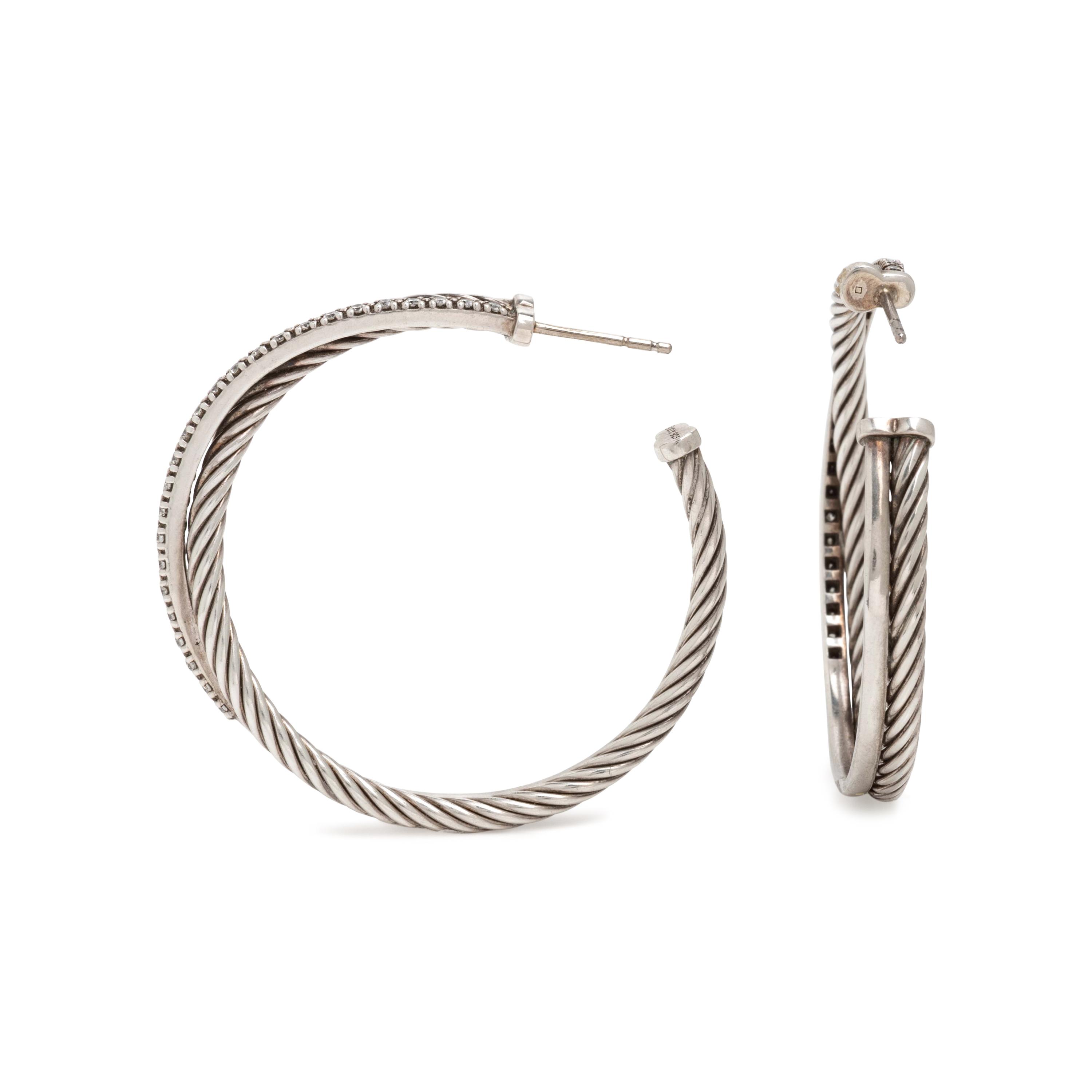 David Yurman, Sterling Silver and Diamond Cable Crossover Hoop Earrings