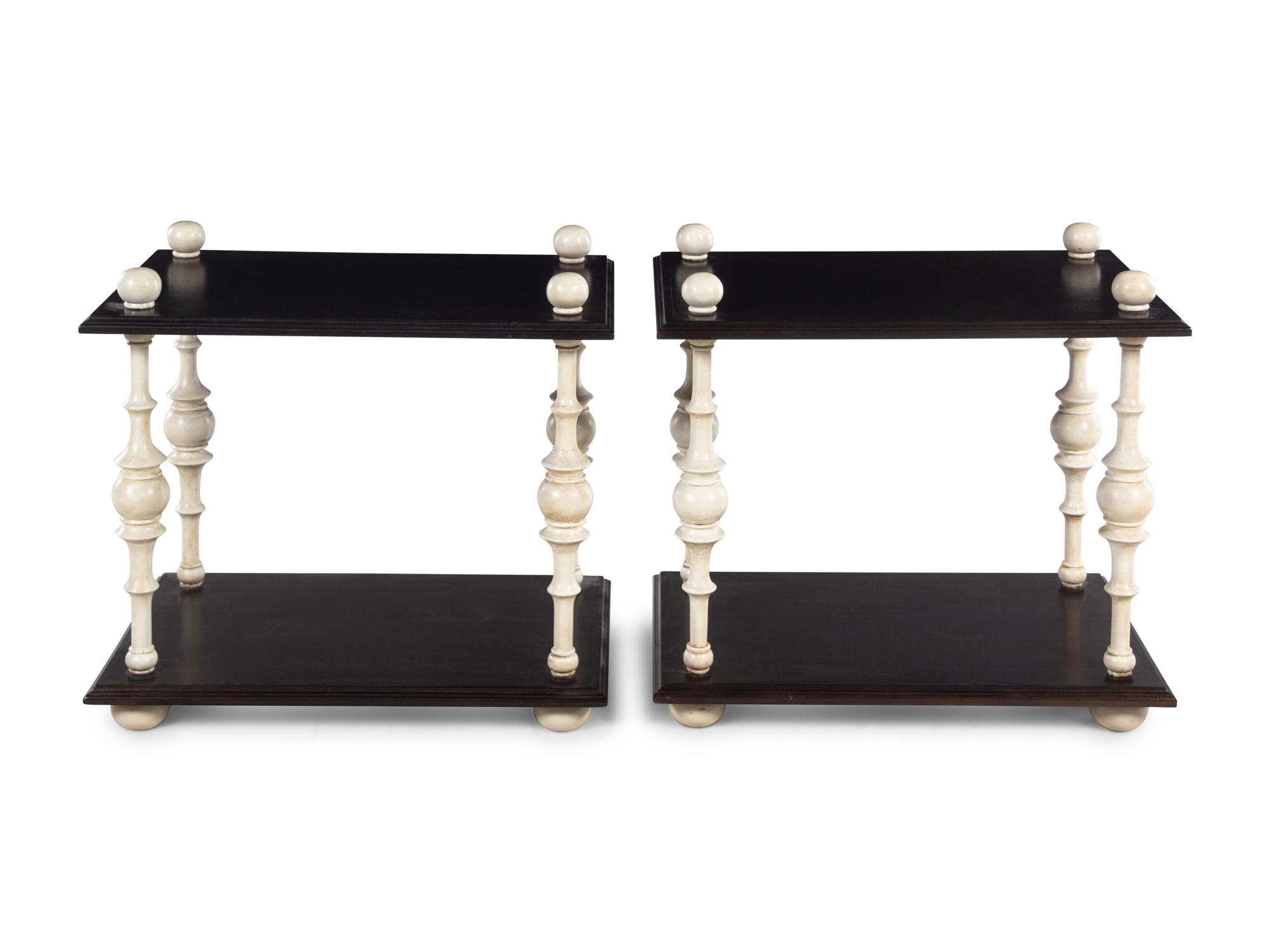 A Pair of Ebonized and White Painted Side Tables