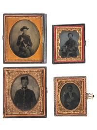 [CIVIL WAR]. A group of 4 tintypes of federal cavalrymen, highlighted by an armed subject, including: