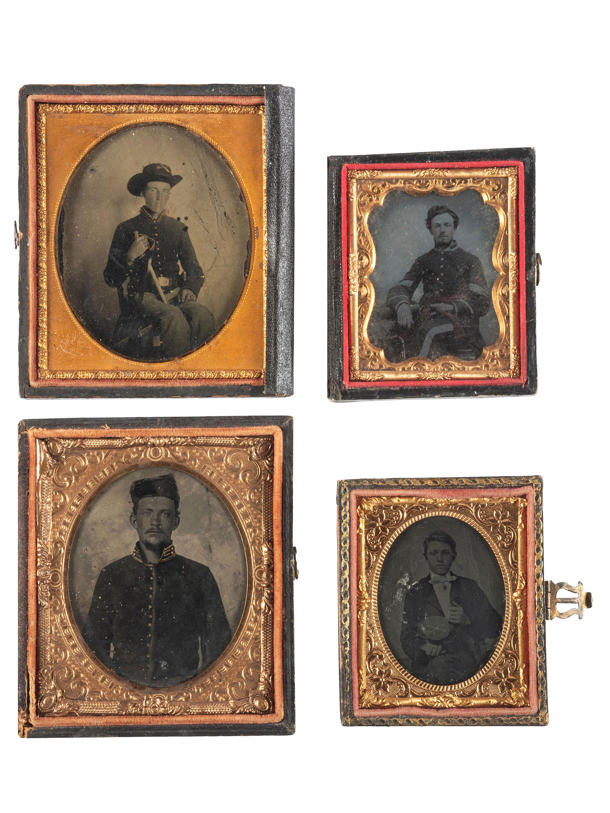 [CIVIL WAR]. A group of 4 tintypes of federal cavalrymen, highlighted by an armed subject, including: