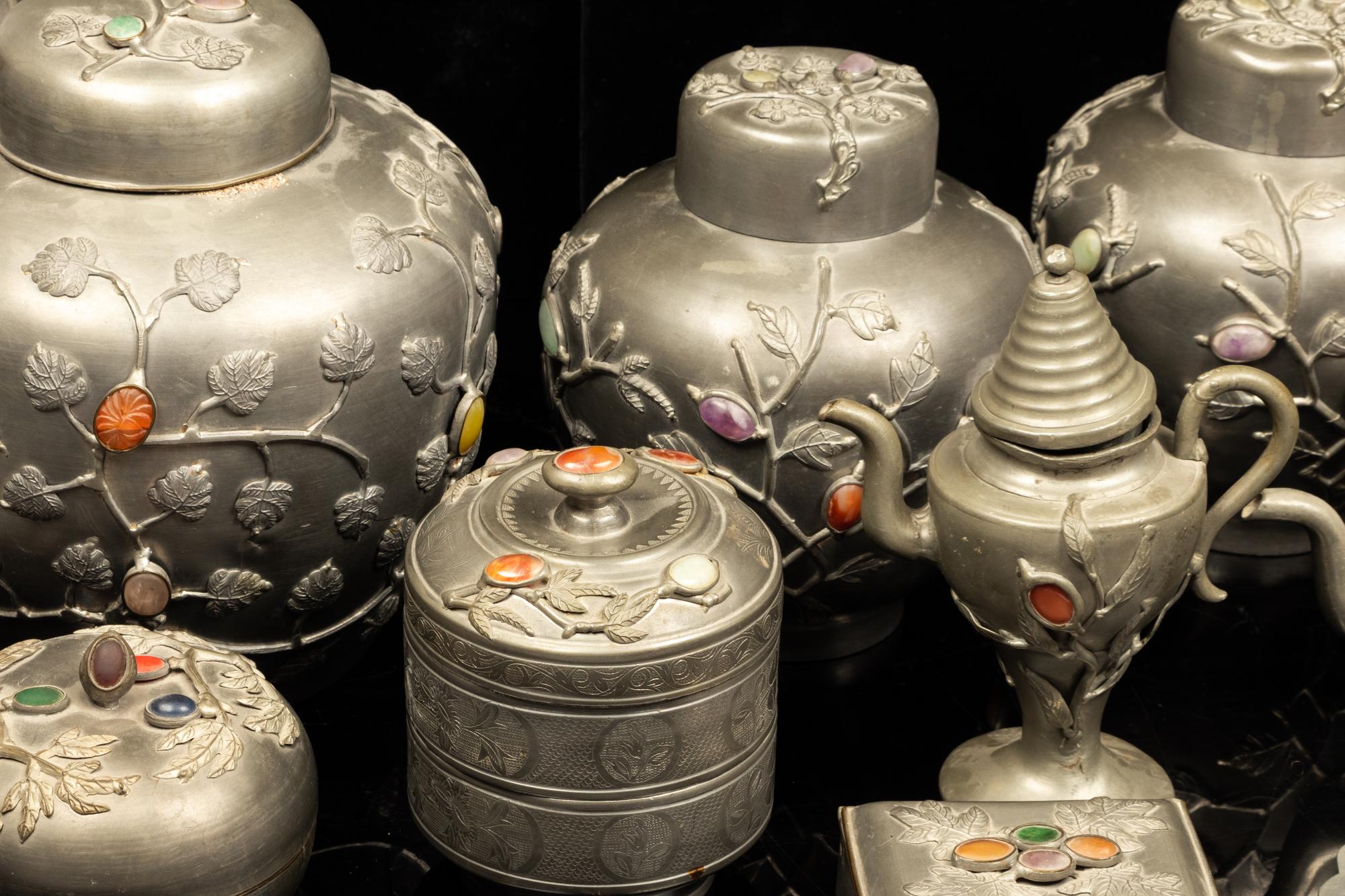 16 Chinese Hardstone Inset Pewter Articles