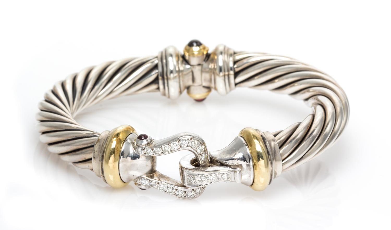 DAVID YURMAN, STERLING SILVER, YELLOW GOLD, DIAMOND AND GEMSTONE 'BUCKLE' BANGLE BRACELET