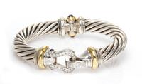 DAVID YURMAN, STERLING SILVER, YELLOW GOLD, DIAMOND AND GEMSTONE 'BUCKLE' BANGLE BRACELET
