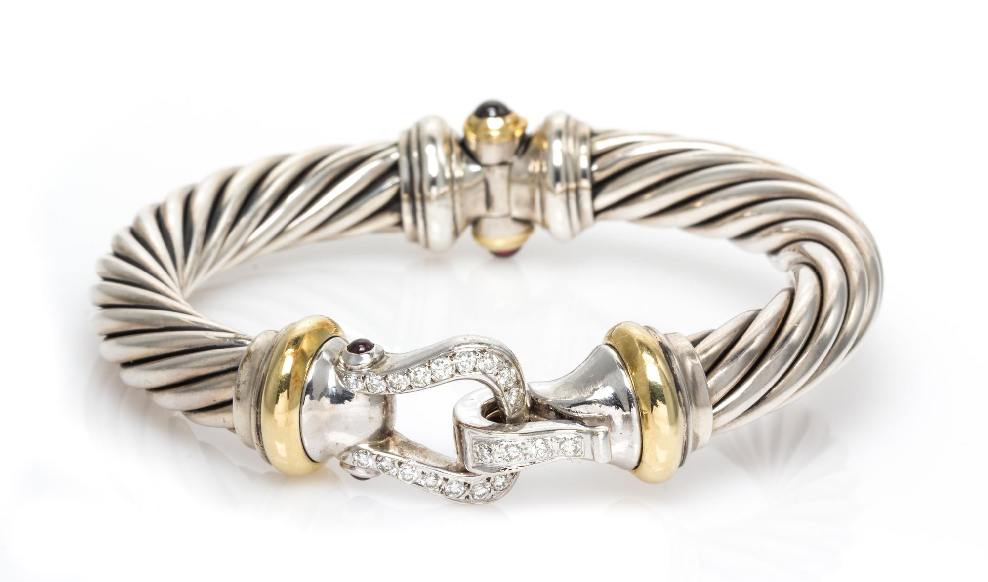 DAVID YURMAN, STERLING SILVER, YELLOW GOLD, DIAMOND AND GEMSTONE 'BUCKLE' BANGLE BRACELET