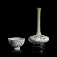 A Japanese Enameled Porcelain Cabinet Vase, Kato Tomotaro and a Small Bowl, Seifu Yohei