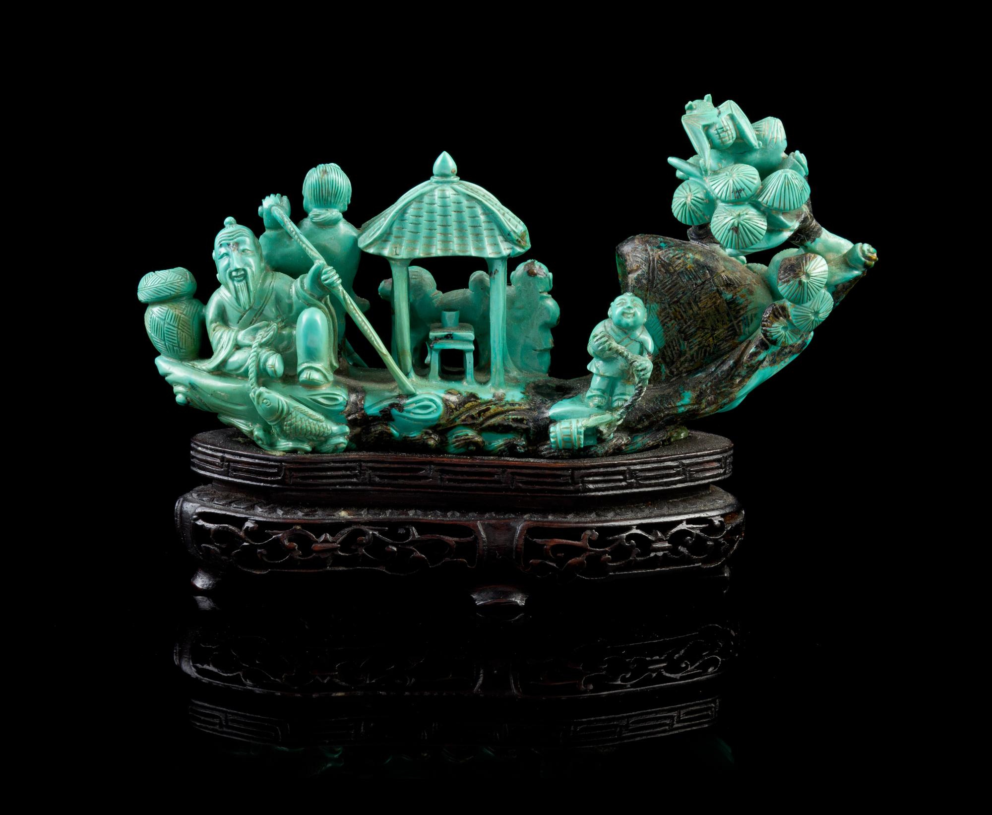 A Chinese Carved Turquoise Figural Group 19TH/20TH CENTURY Length 5 1/2 inches. — 19TH/20TH CENTURY