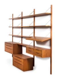 Poul Cadovius (Danish, 1911-2011), Cado, Denmark, 1960s, wall unit, with four uprights, four cabinets and 15 shelves