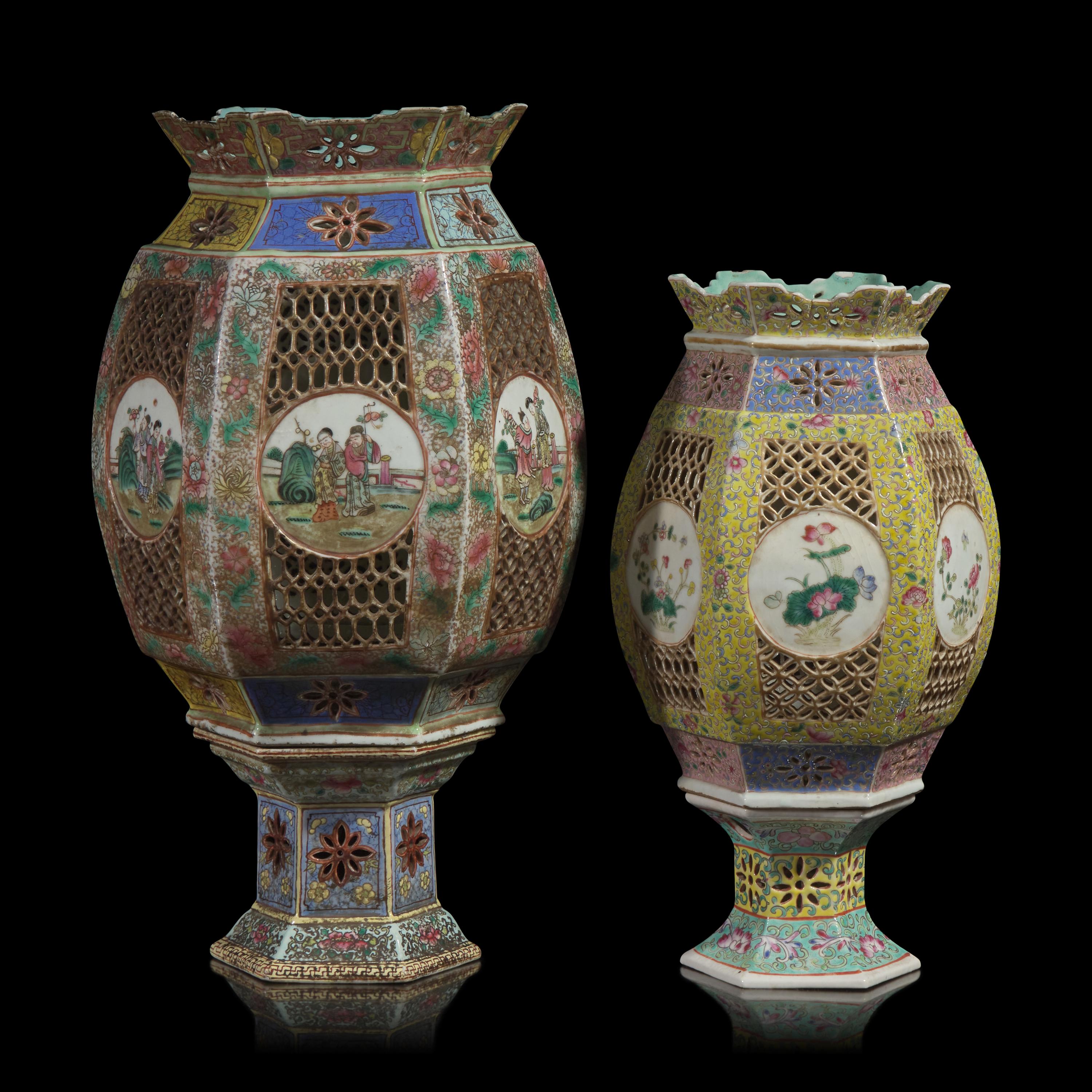 Two Chinese Famille Rose Porcelain Hexagonal Reticulated Lanterns, 20th Century — 近代 粉彩瓷燈籠兩具