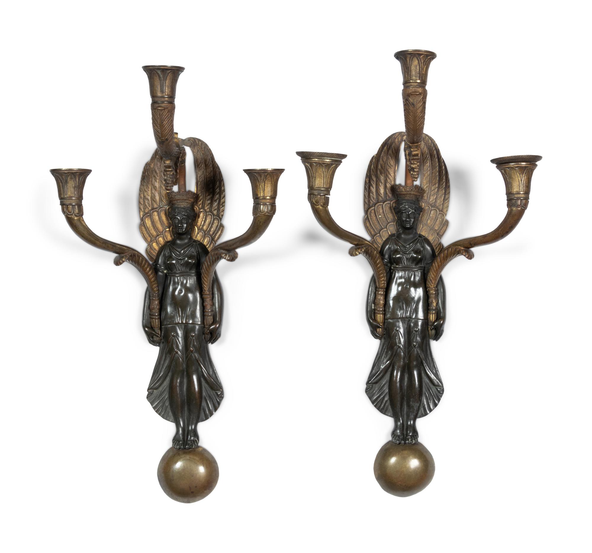 A Pair of Empire Style Brass Three-Light Figural Sconces