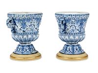 A Pair of Large Delftware Handled Urns
