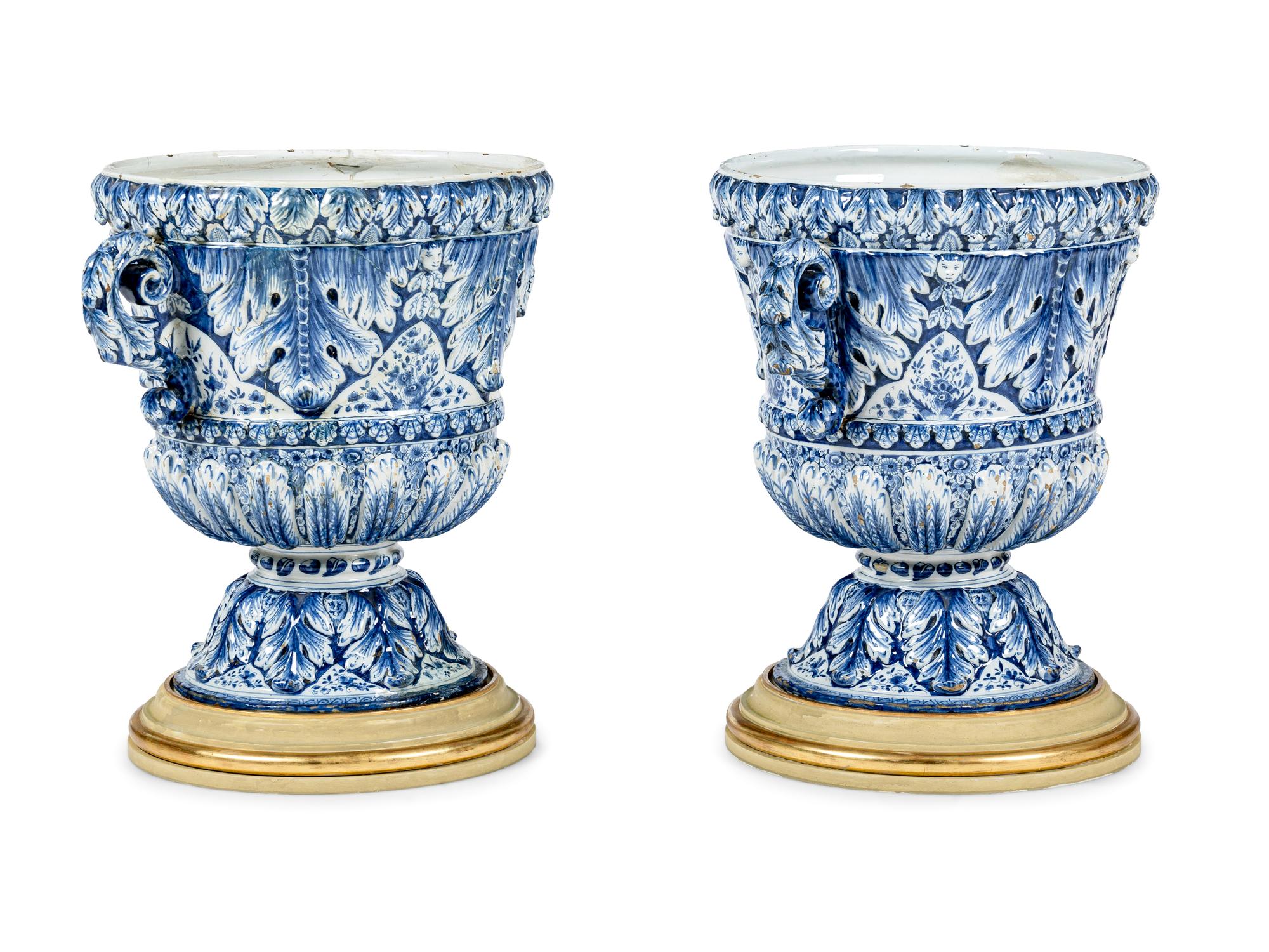 A Pair of Large Delftware Handled Urns
