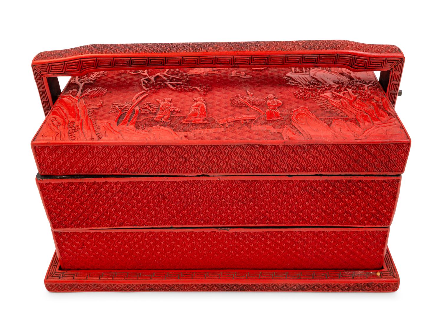A Chinese Carved Red Lacquer Two-Tier Picnic Box