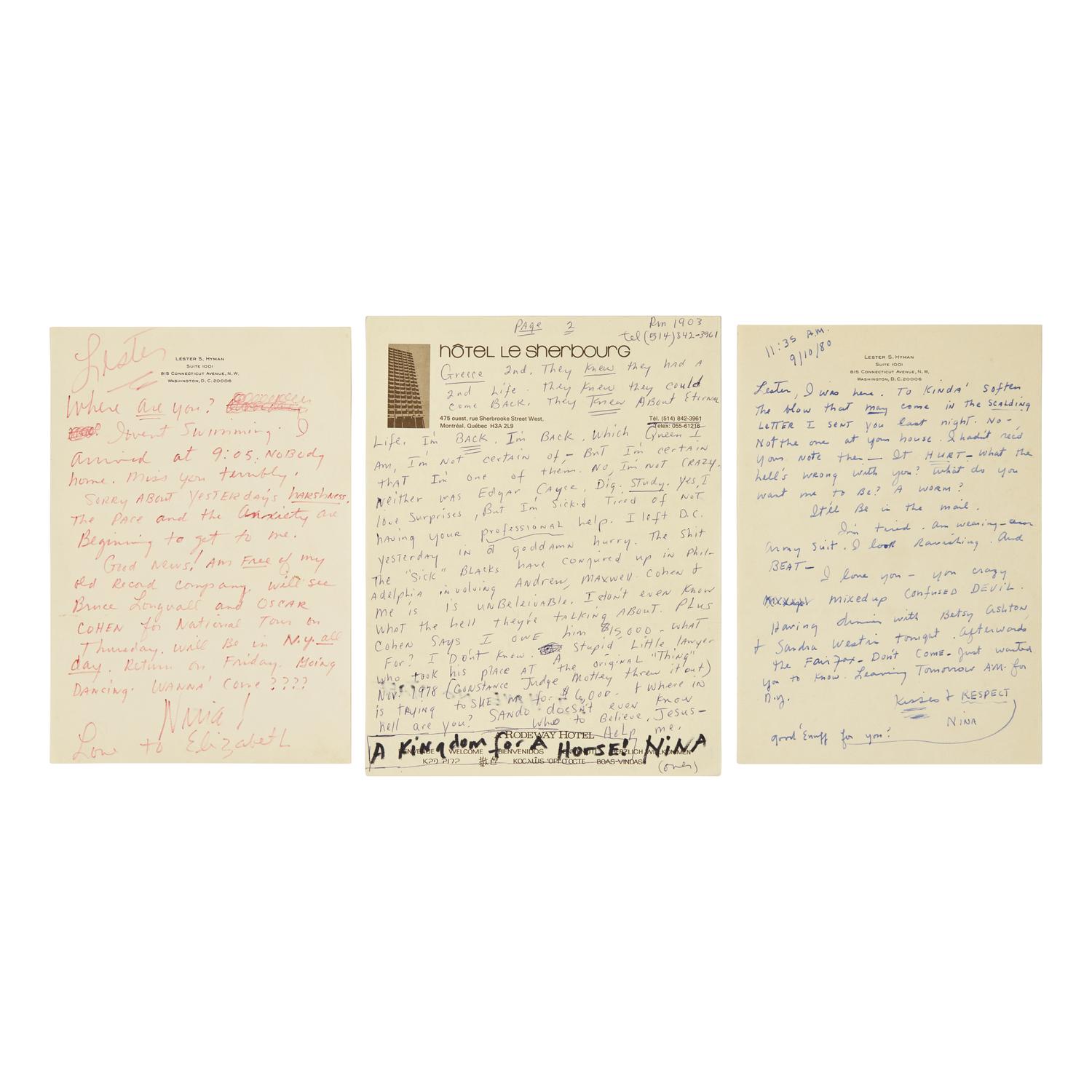 [African Americana] Simone, Nina. Three Autograph Letters, signed
