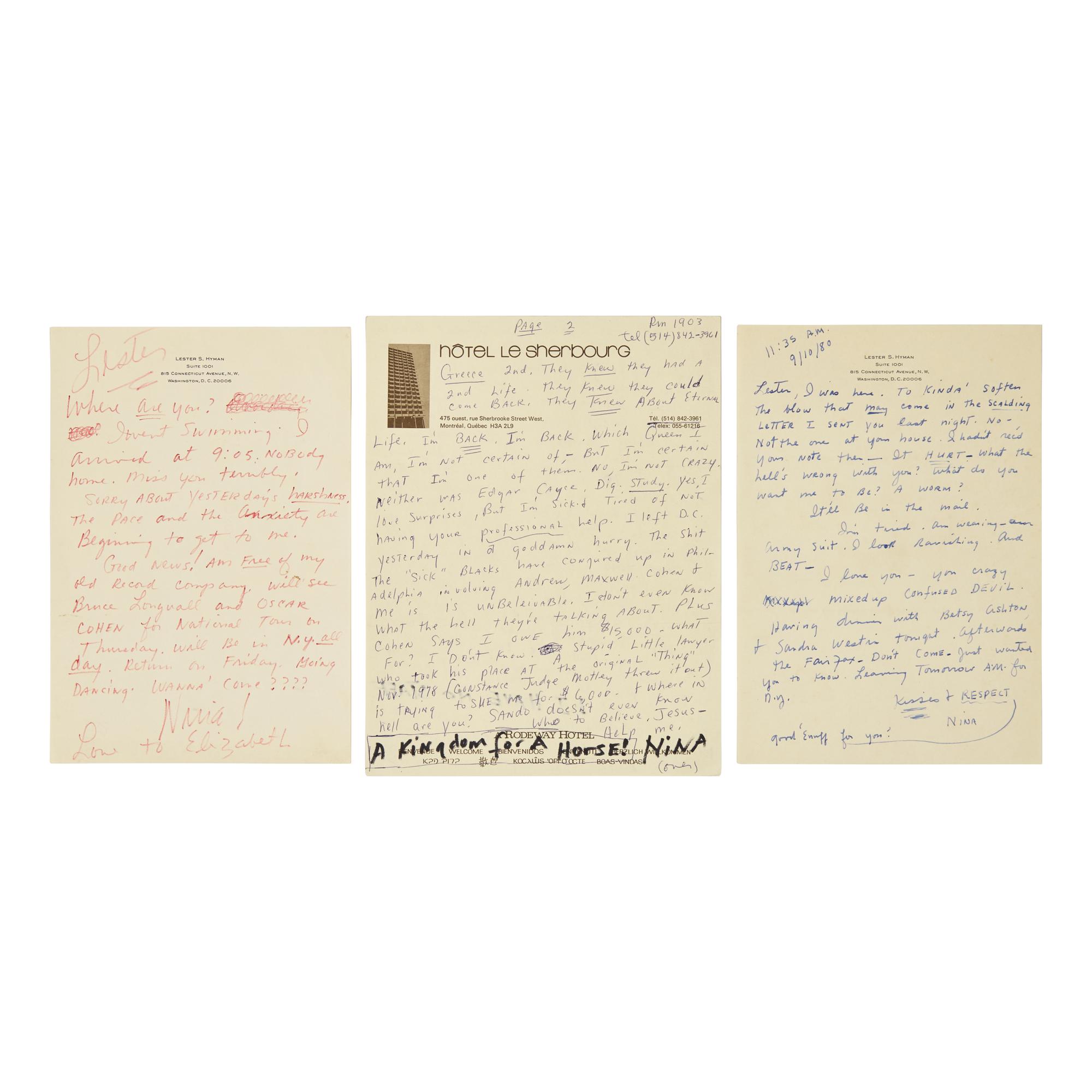 [African Americana] Simone, Nina. Three Autograph Letters, signed