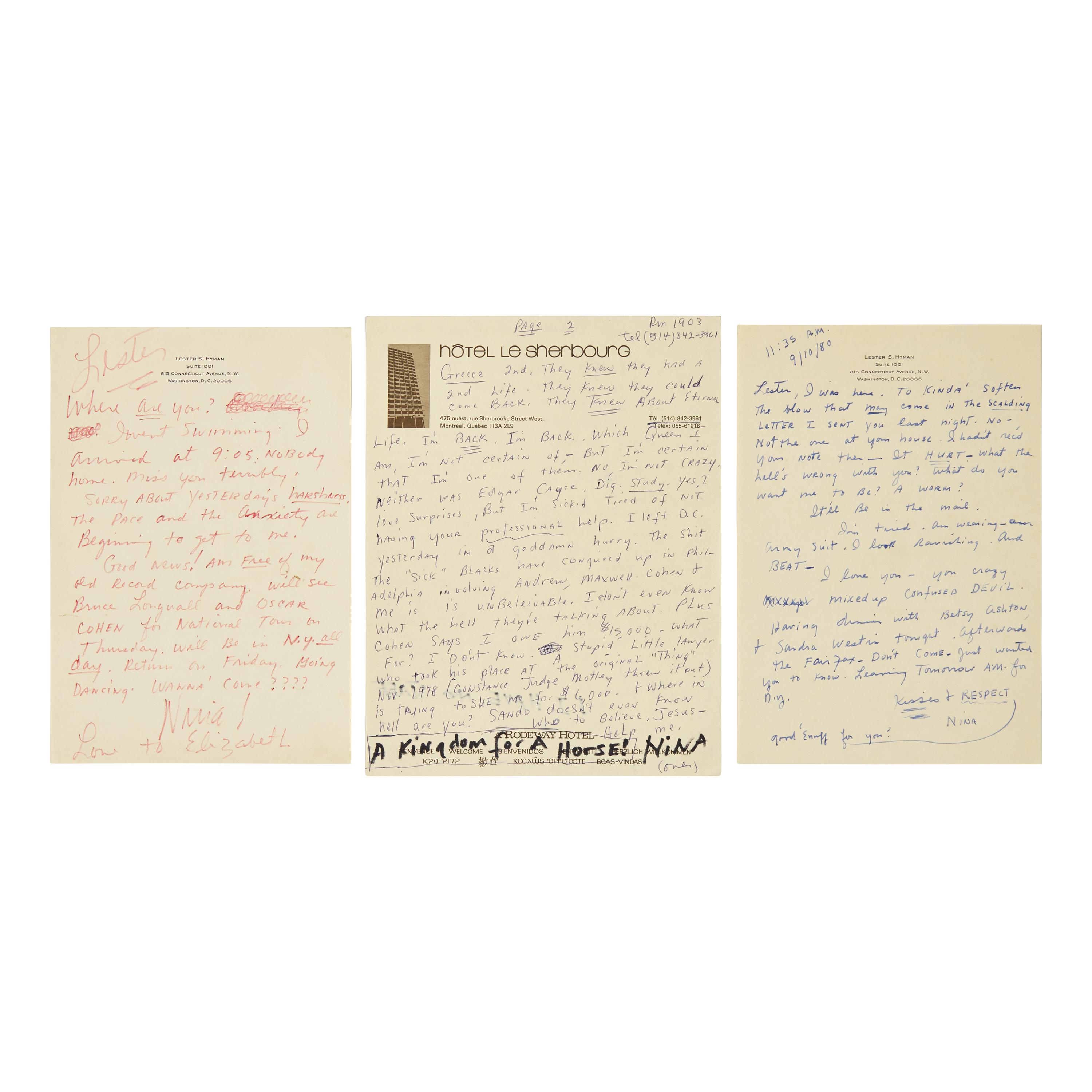 [African Americana] Simone, Nina. Three Autograph Letters, signed
