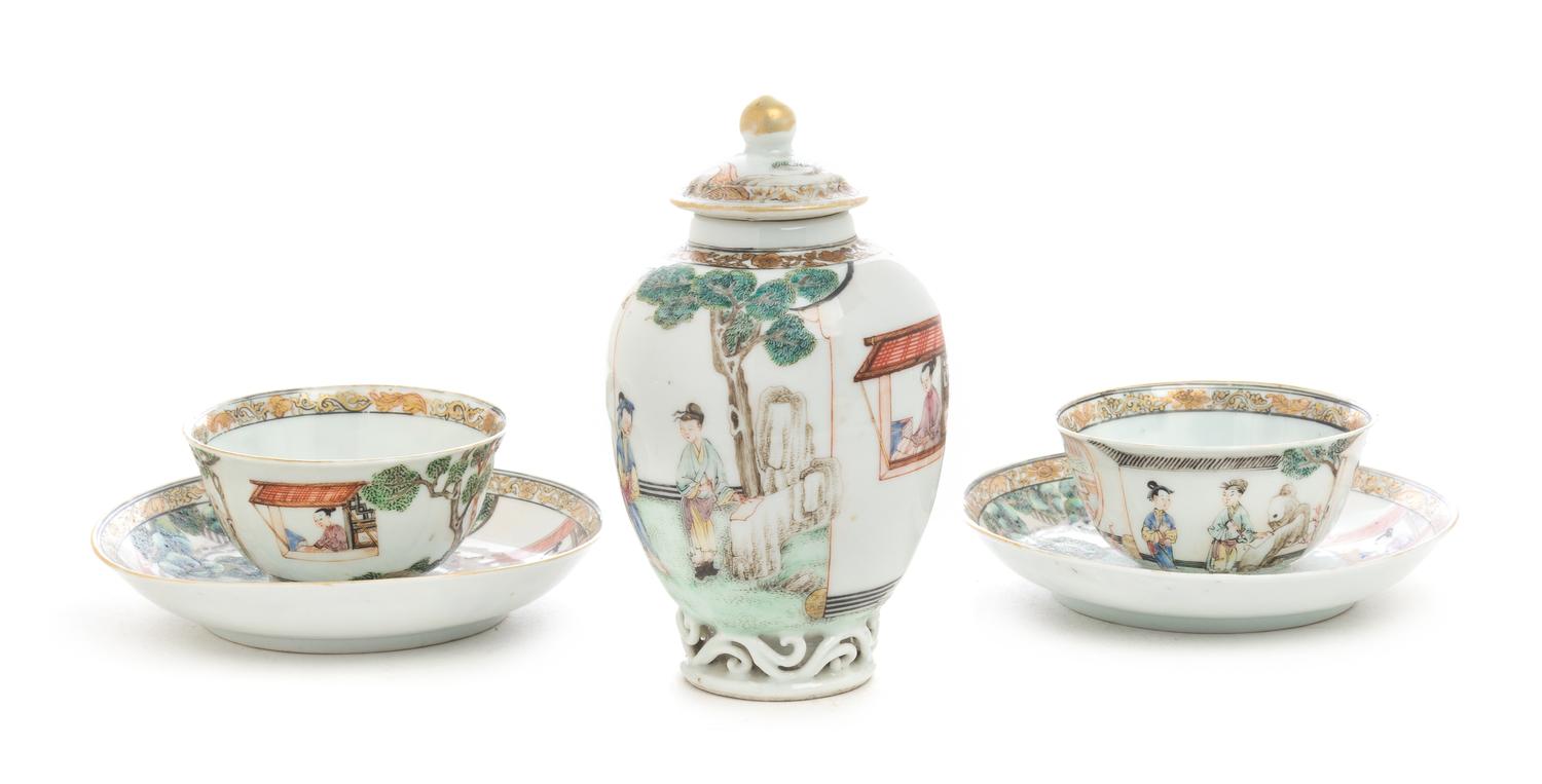 Two Sets of Chinese Export Famille Rose Porcelain Cups and Saucers Height of tea caddy 5 inches. — LATE 18TH/EARLY 19TH CENTURY