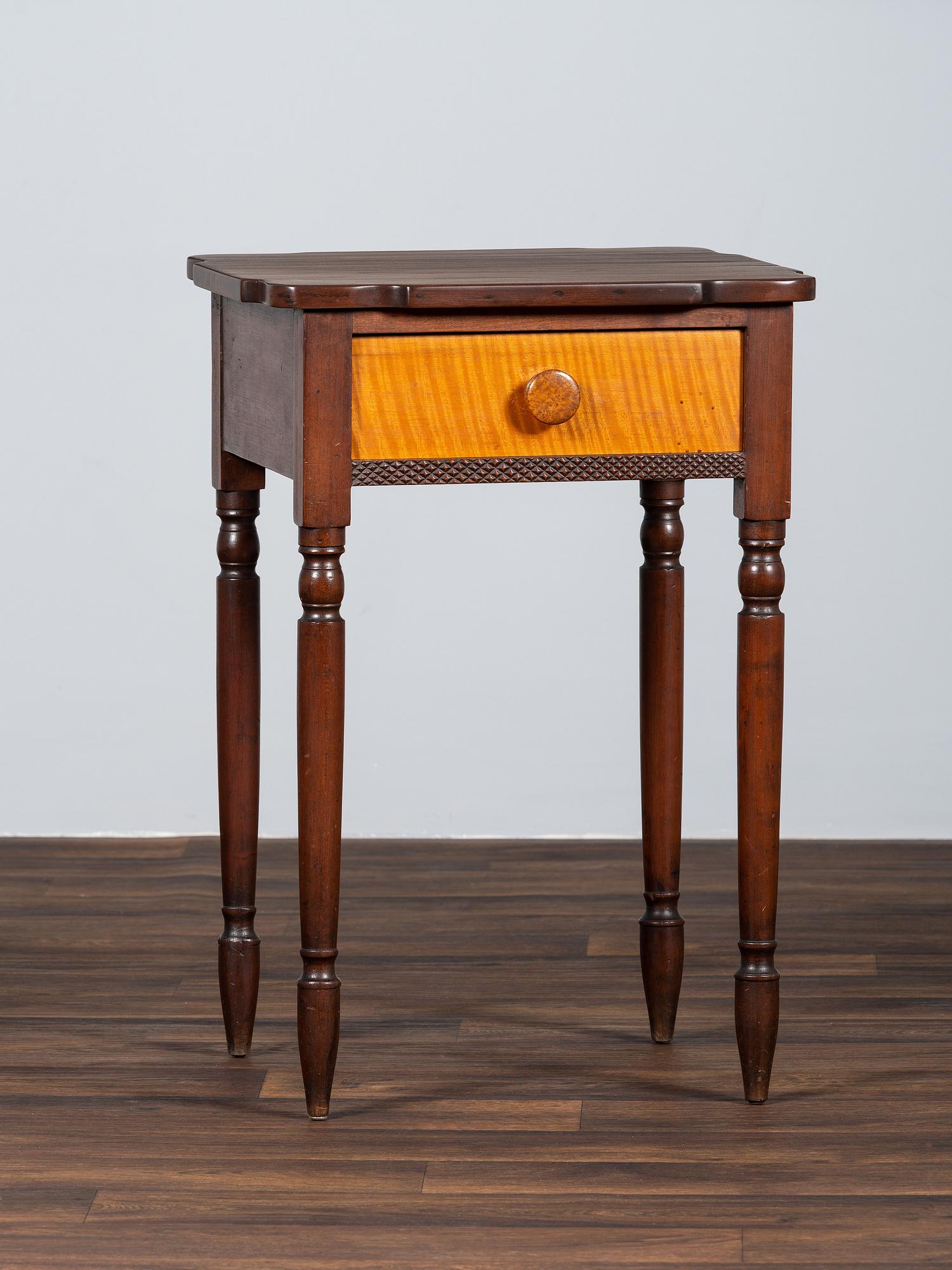 A Late Federal Carved Cherrywood and Tiger Maple One-Drawer Work Table