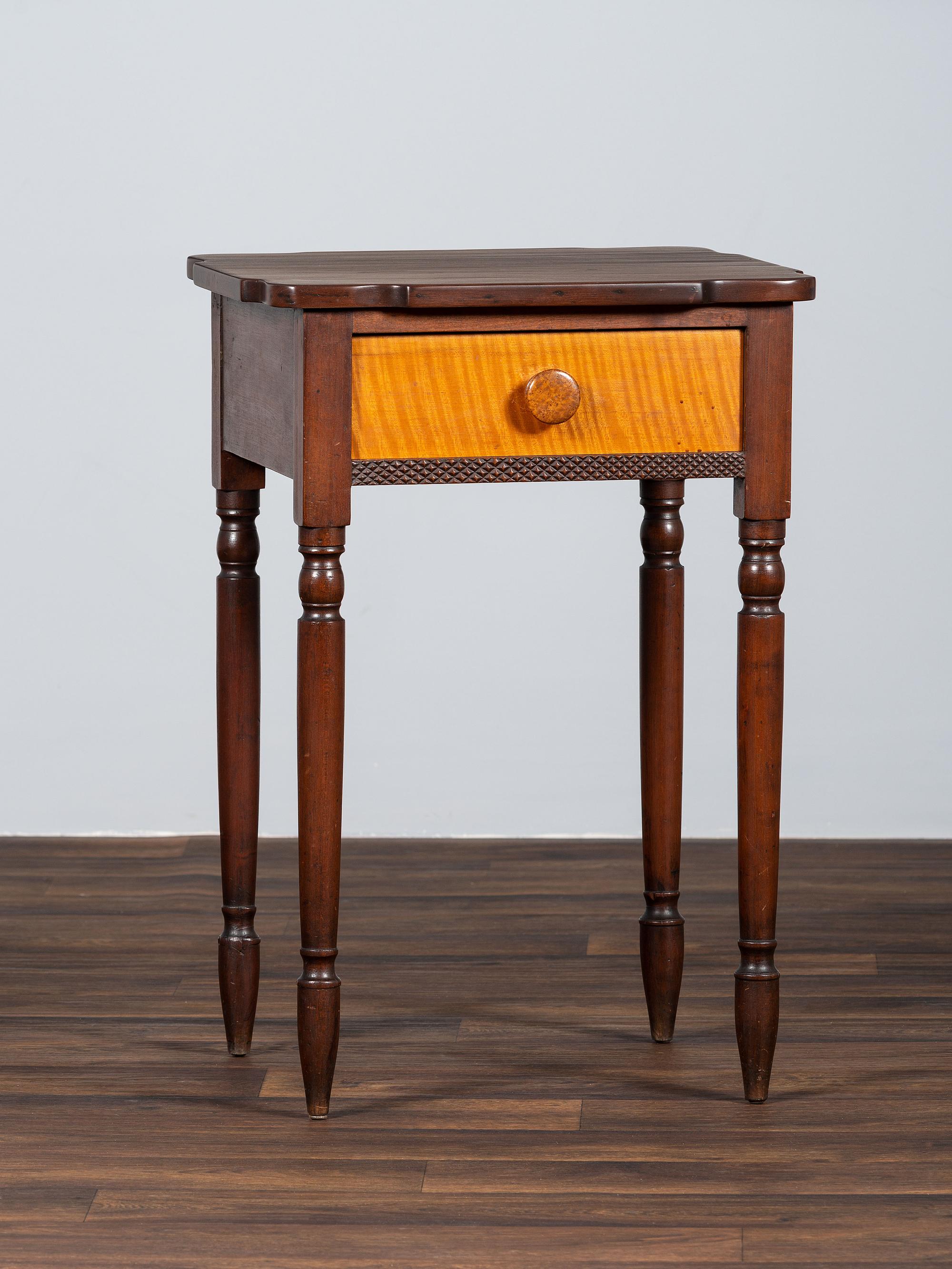 A Late Federal Carved Cherrywood and Tiger Maple One-Drawer Work Table