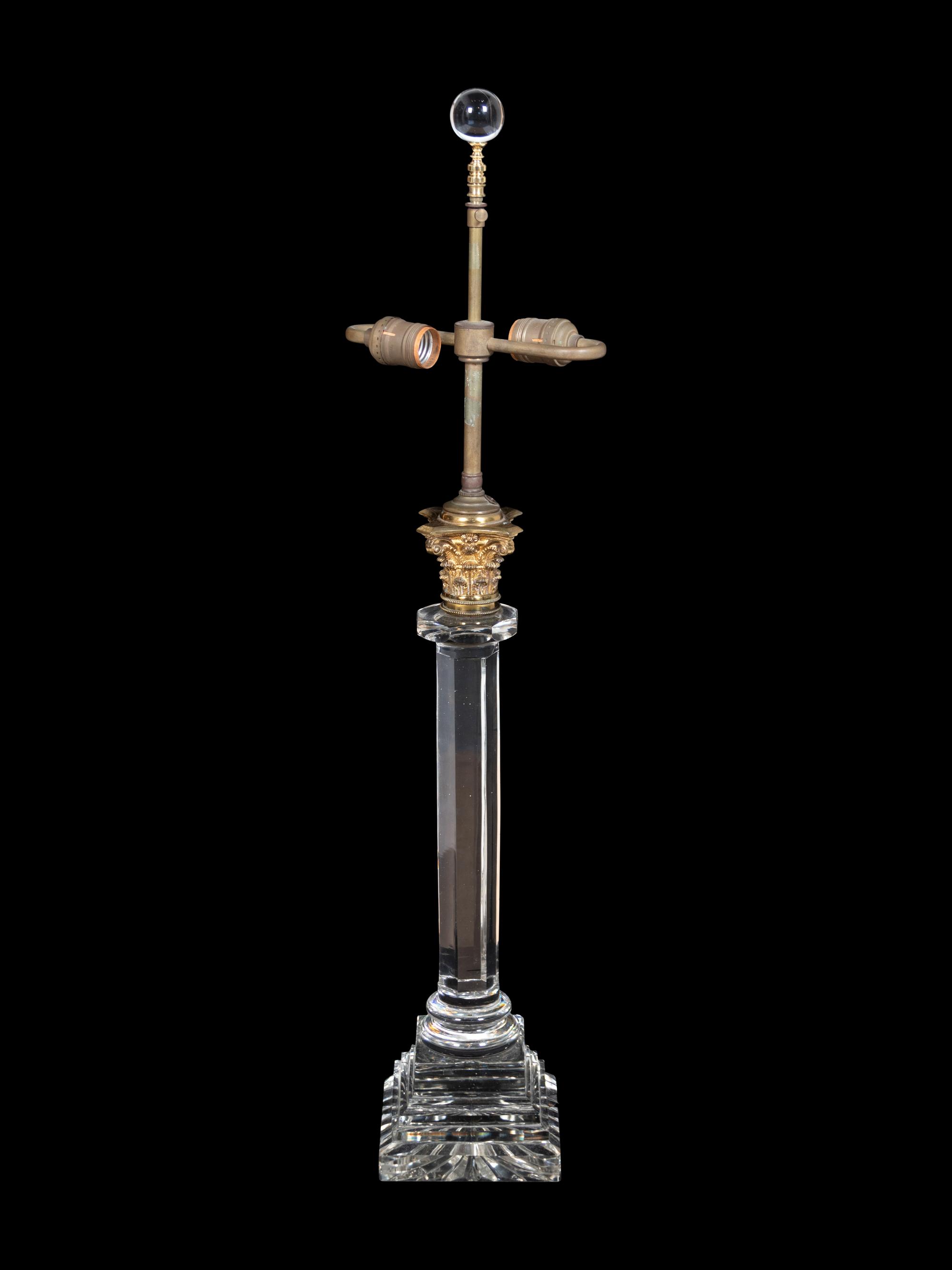 An English Gilt Bronze Mounted Cut Glass Columnar Lamp