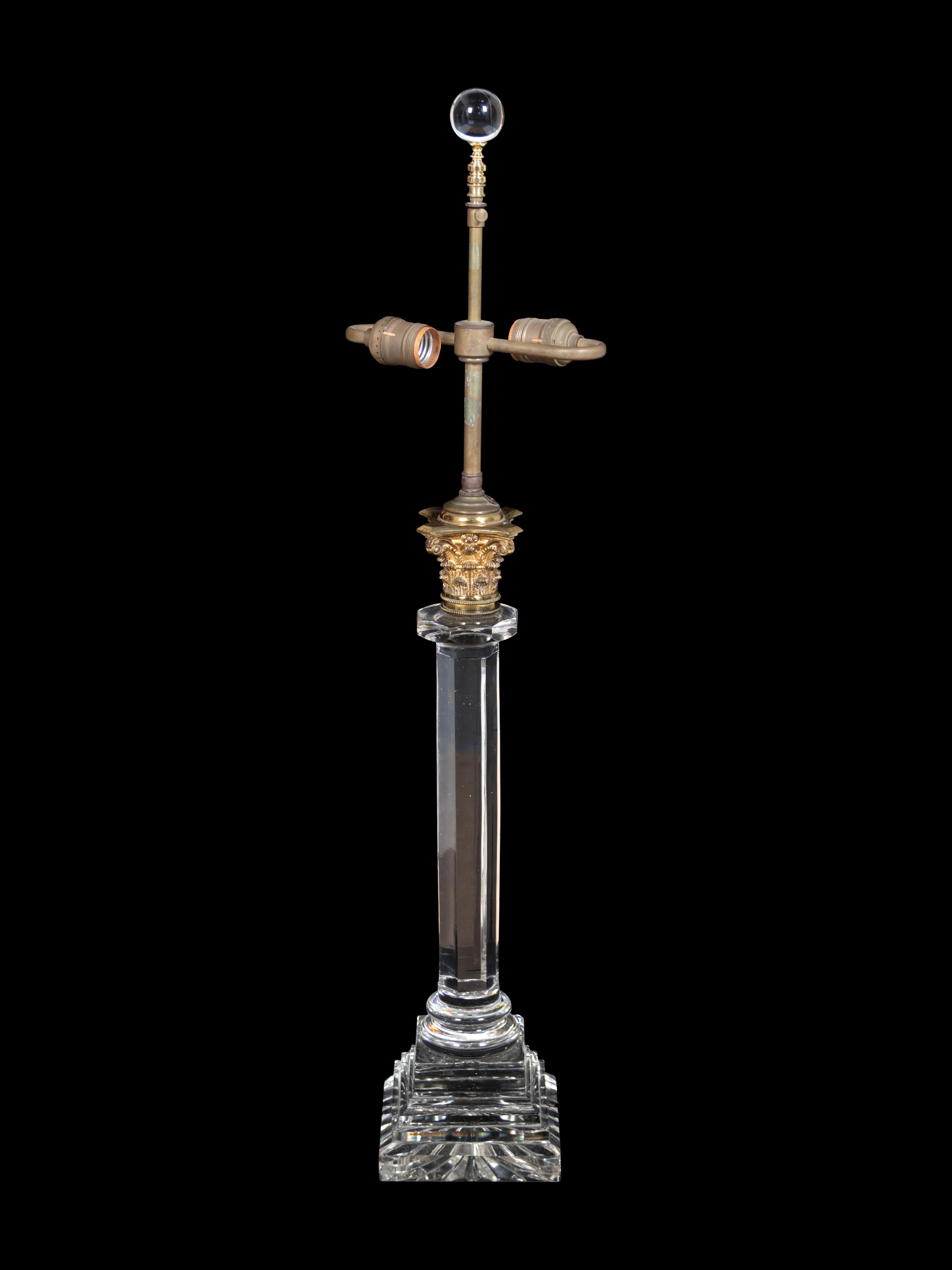 An English Gilt Bronze Mounted Cut Glass Columnar Lamp
