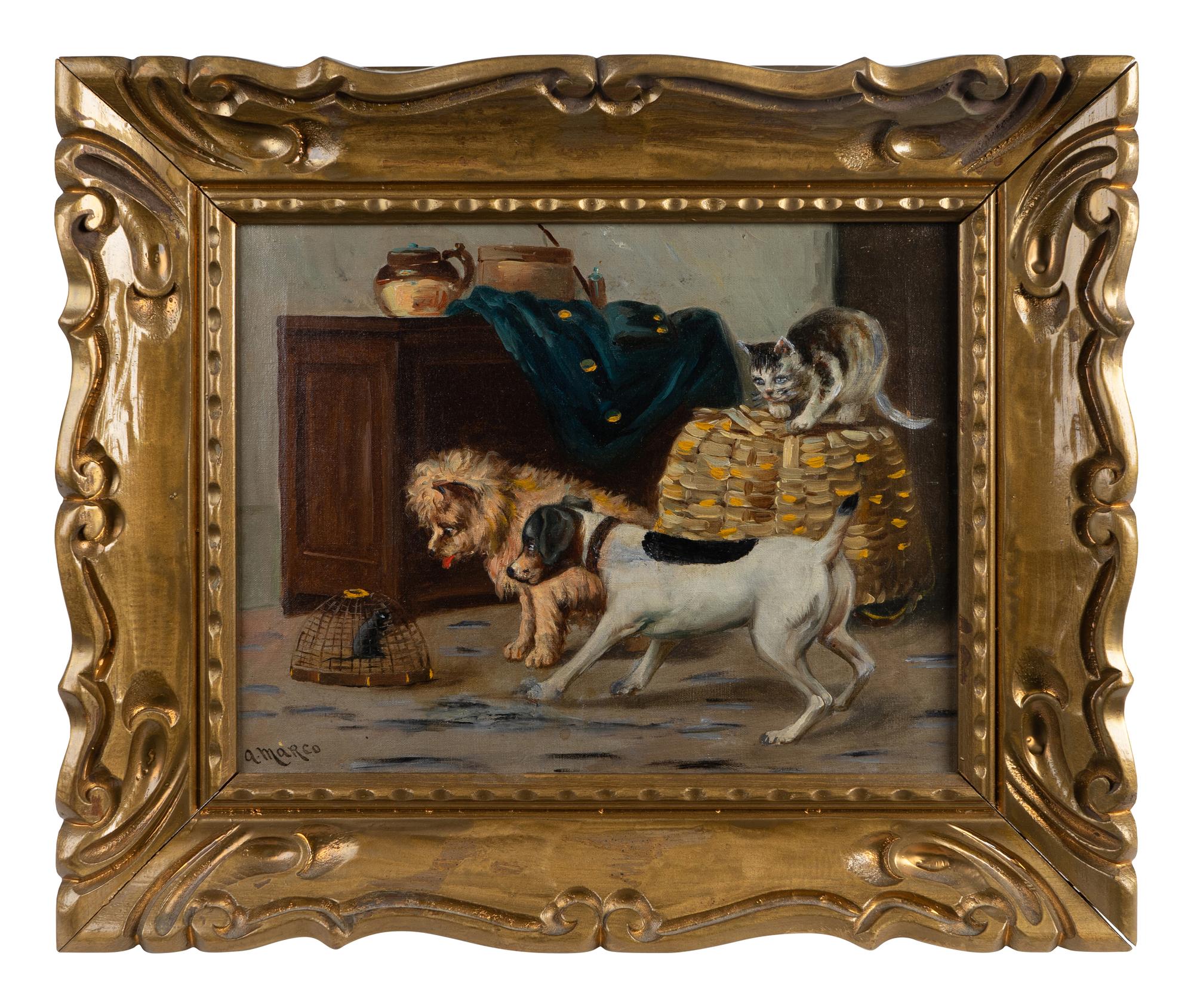 Two Dogs and A Cat Watching Caged Rat