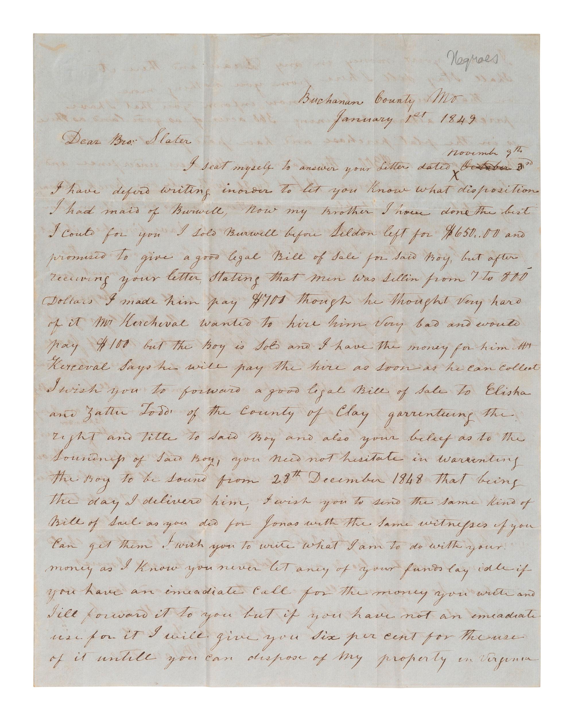 [ENSLAVEMENT]. Letter regarding the sale of slaves and joining the Sons of Temperance. 1 Jan 1849.