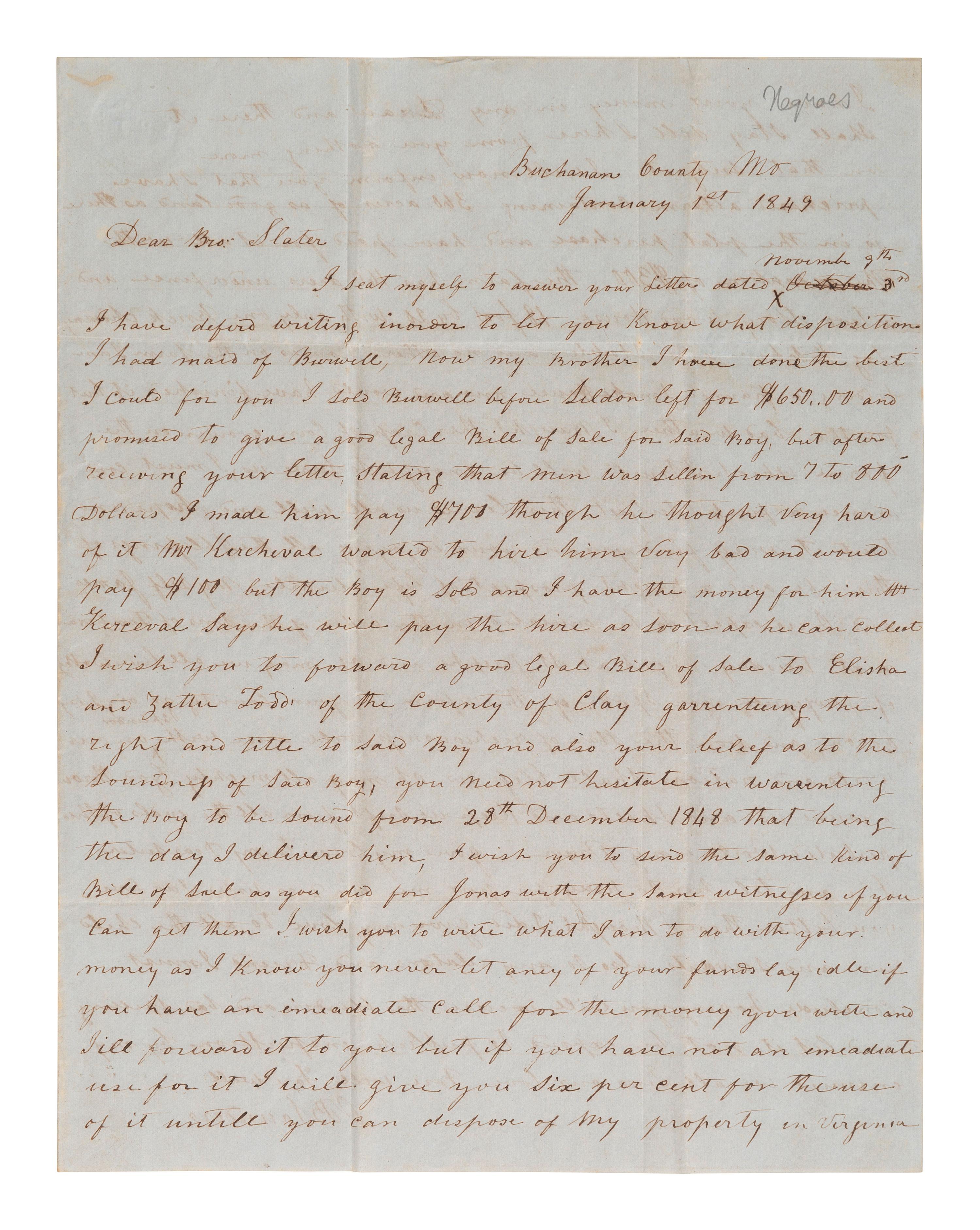 [ENSLAVEMENT]. Letter regarding the sale of slaves and joining the Sons of Temperance. 1 Jan 1849.