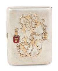 A Russian Gold, Silver and Enamel Charm Mounted Silver Cigarette Case