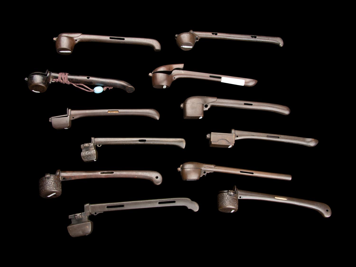 12 Japanese Silver Inlaid Bronze Portable Writing Sets, Yatate