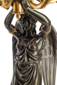 A Pair of Empire Style Gilt and Patinated Bronze and Marble Figural Candelabra