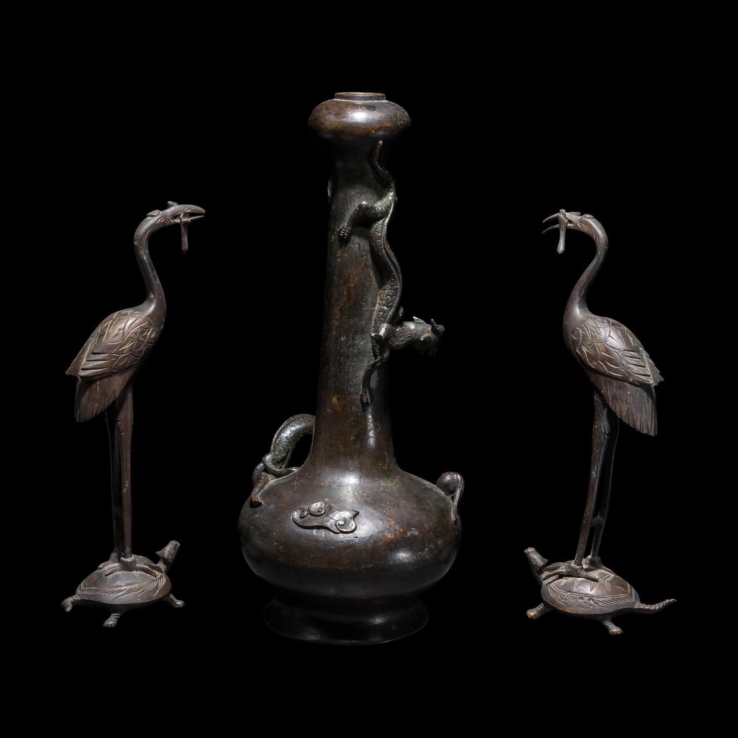 A Bronze Vase and A Pair of Crane-Form Candle Holders