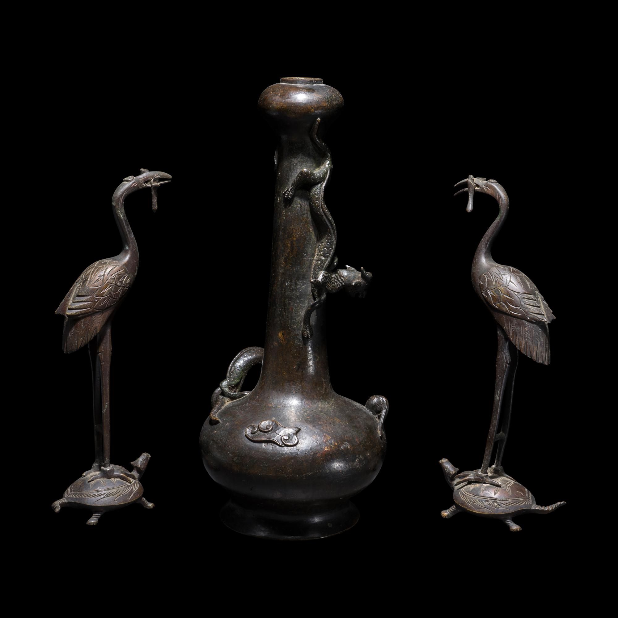 A Bronze Vase and A Pair of Crane-Form Candle Holders