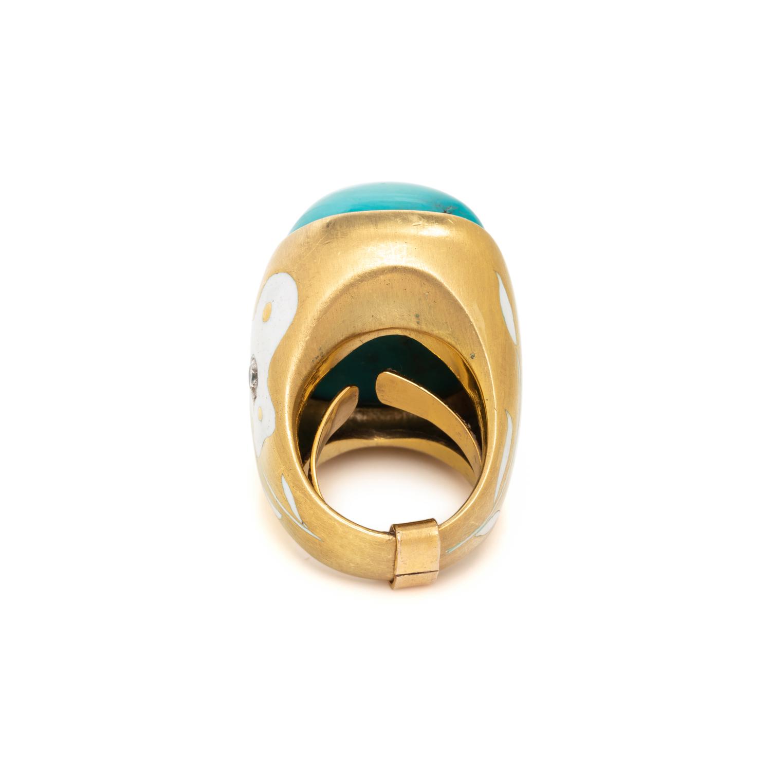 YELLOW GOLD, TURQUOISE, ENAMEL AND DIAMOND RING