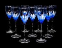 Nine Blue and Clear Glass Wine Stems