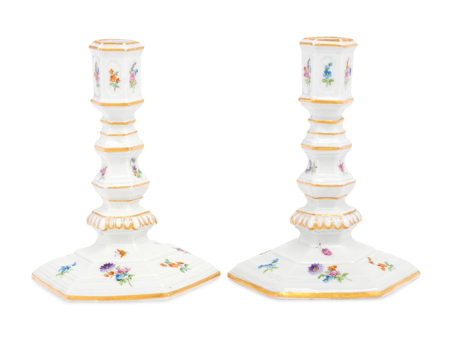 A Pair of Meissen Porcelain Candlesticks