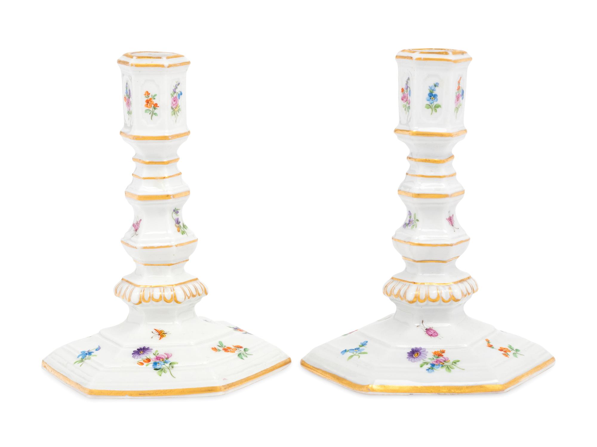 A Pair of Meissen Porcelain Candlesticks