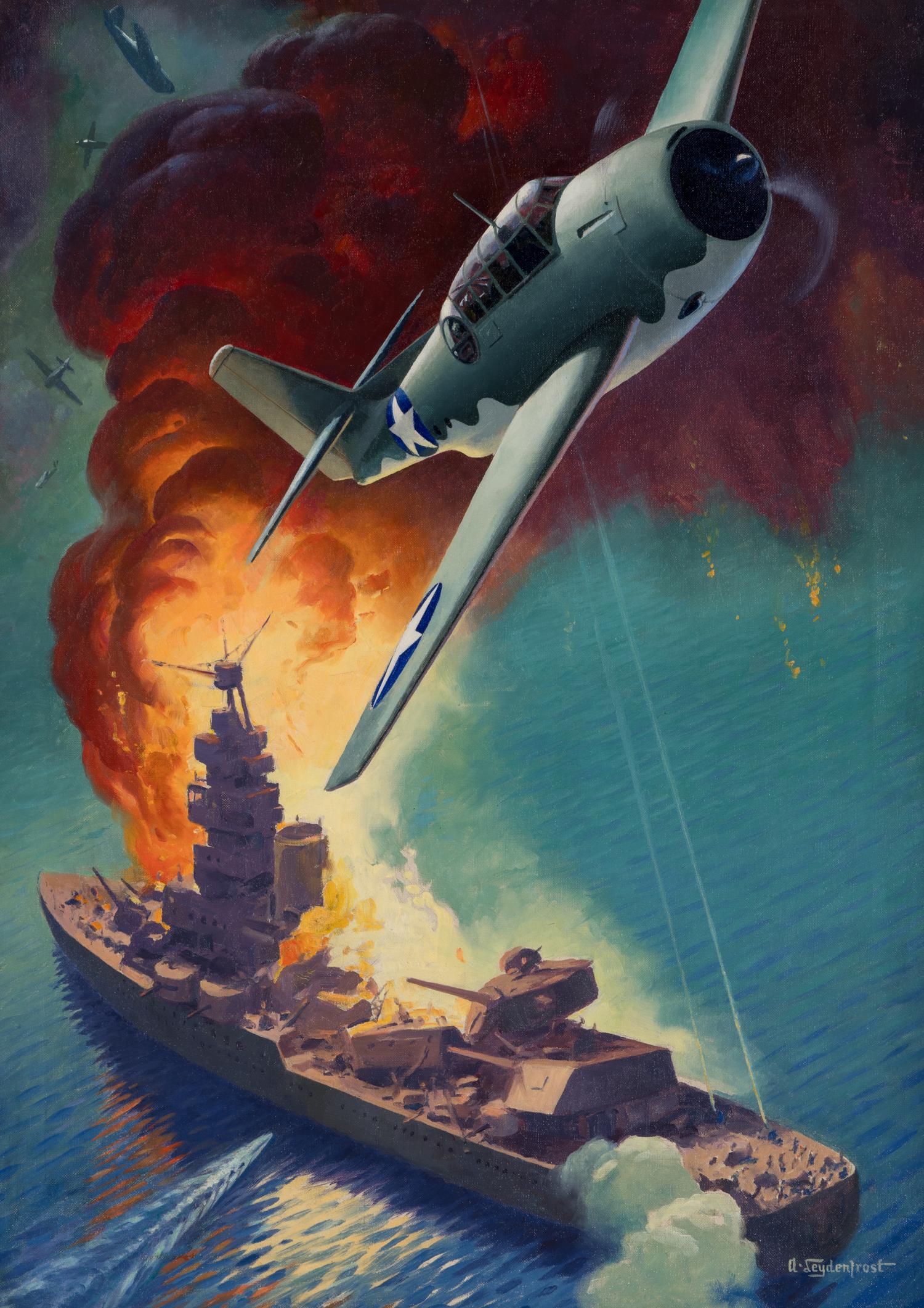 LEYDENFROST, Alexander (1888-1961). "Scratch one Flat Top" is the Flash, When a Grumman 'Avenger' Lets Fly. c. 1942.