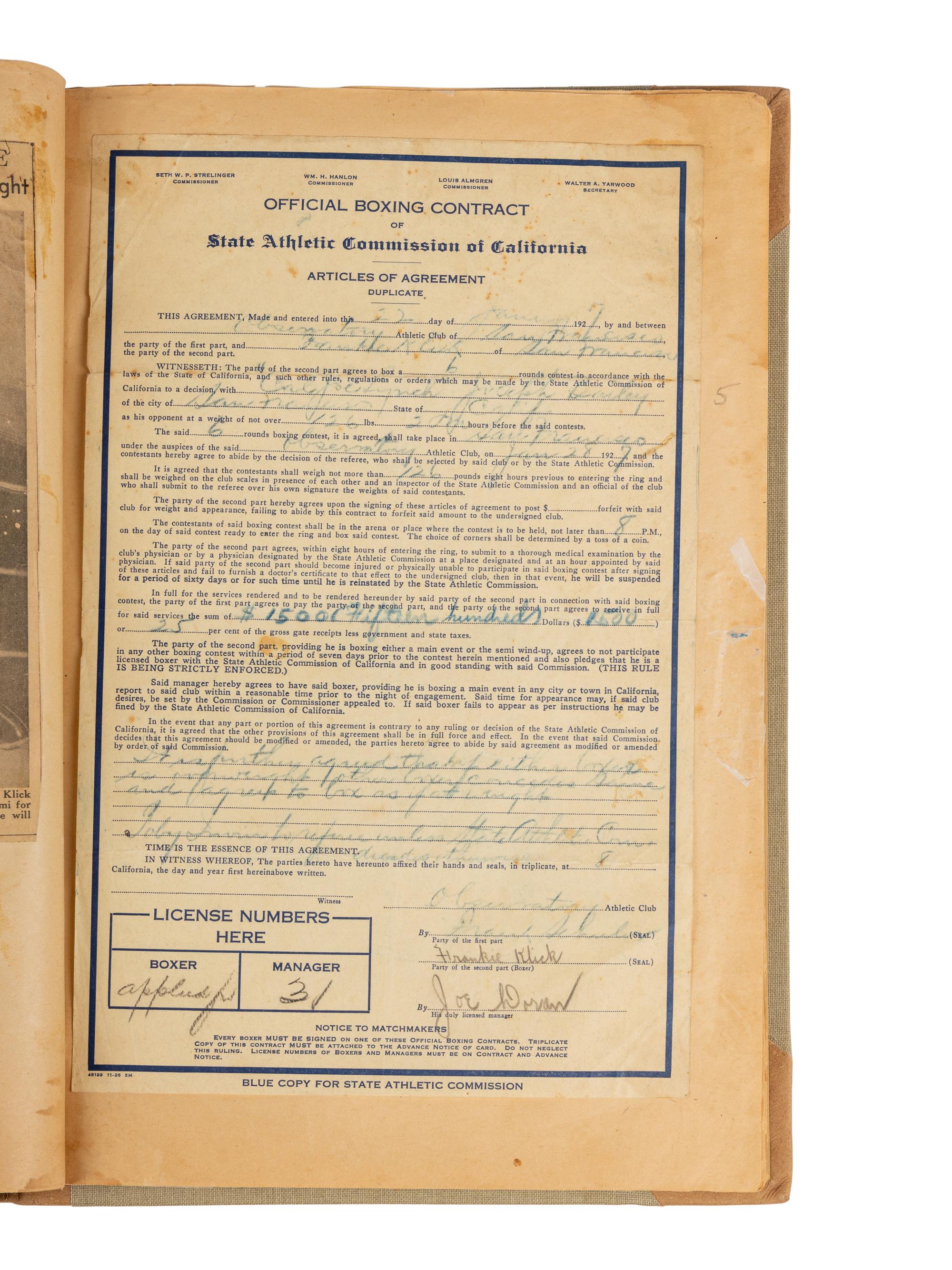 An Original Scrapbook from the Career of Junior Lightweight Boxing Champion Frankie Klick Curated by Manager Joe Doran