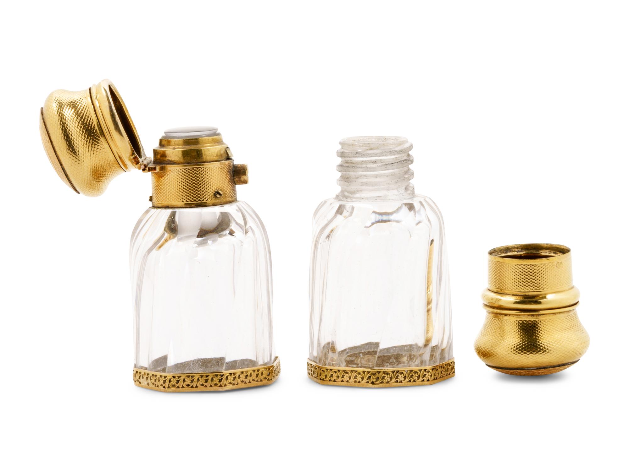 A Pair of 18-Karat Gold Mounted Cut Glass Scent Flasks