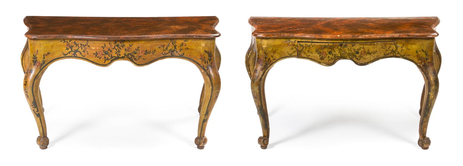 A Pair of Italian Polychrome Decorated Console Tables, Height 32 x width 58 x depth 30 inches.