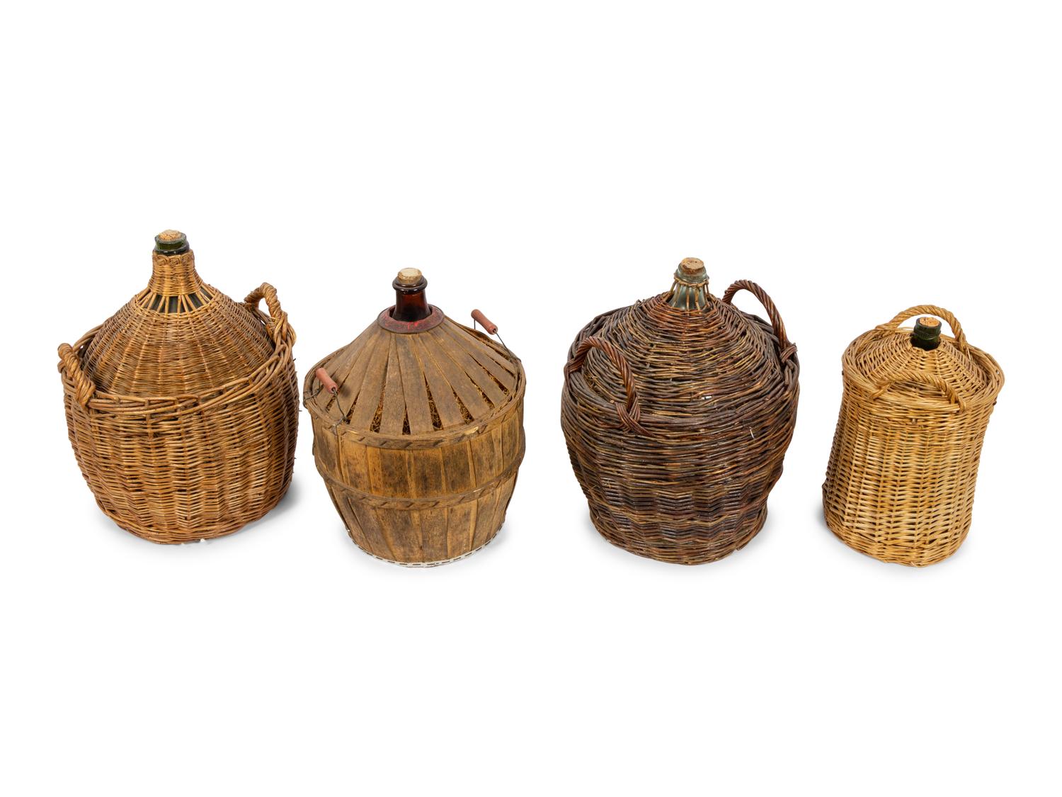 A Group of Seven Continental Rattan and Glass Wine Jugs