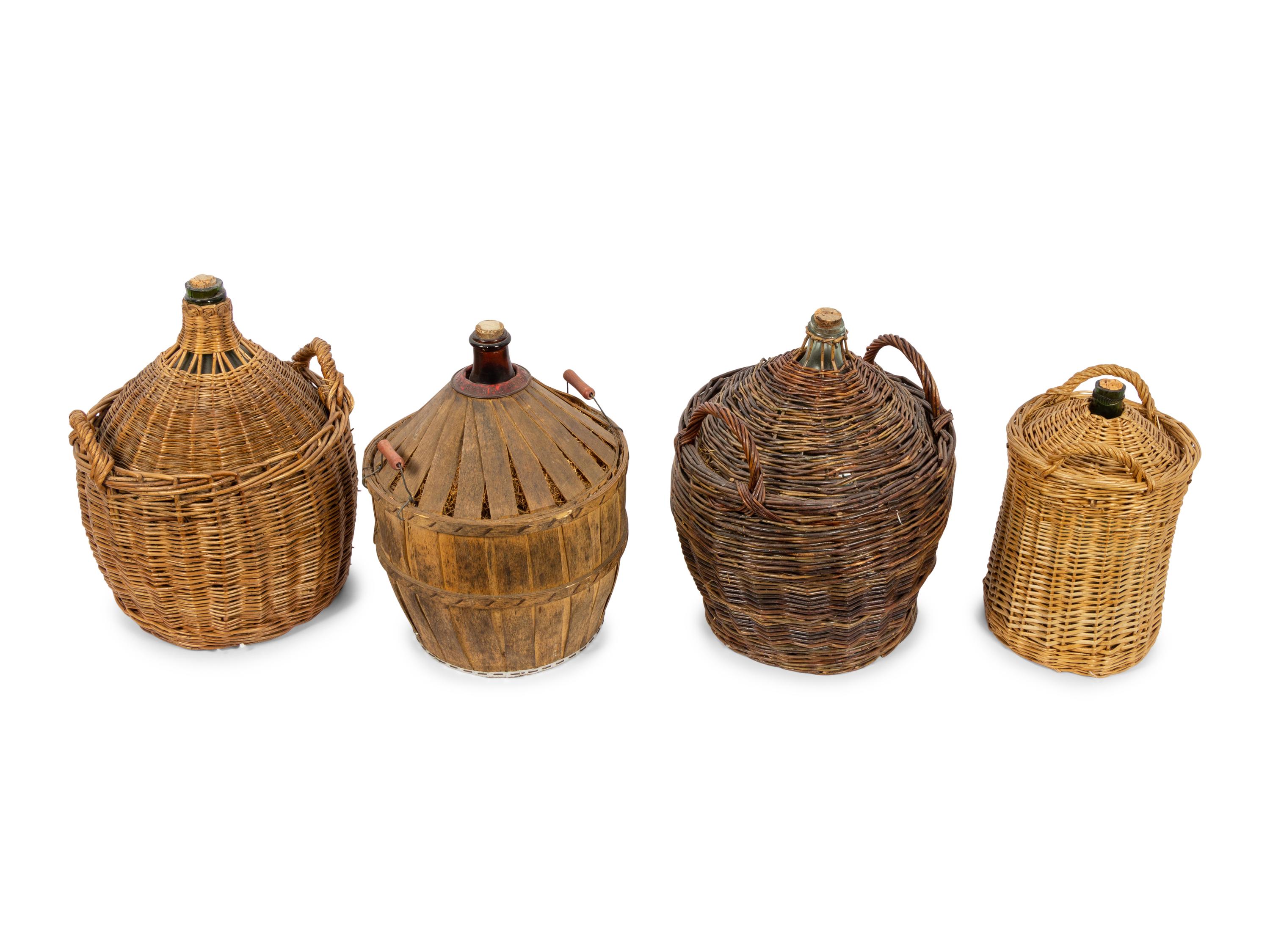 A Group of Seven Continental Rattan and Glass Wine Jugs