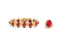 COLLECTION OF YELLOW GOLD, IMITATION RED STONE, AND ENAMEL JEWELRY