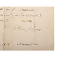 [CIVIL WAR]. JOHNSON, Andrew (1808-1875). SEWARD, William H. (1801-1872). Partly-printed Presidential pardon stamp-signed ("Andrew Johnson") and signed ("WIll. H. Seward") for W.T. Harwood. Washington DC, 20 September 1865.