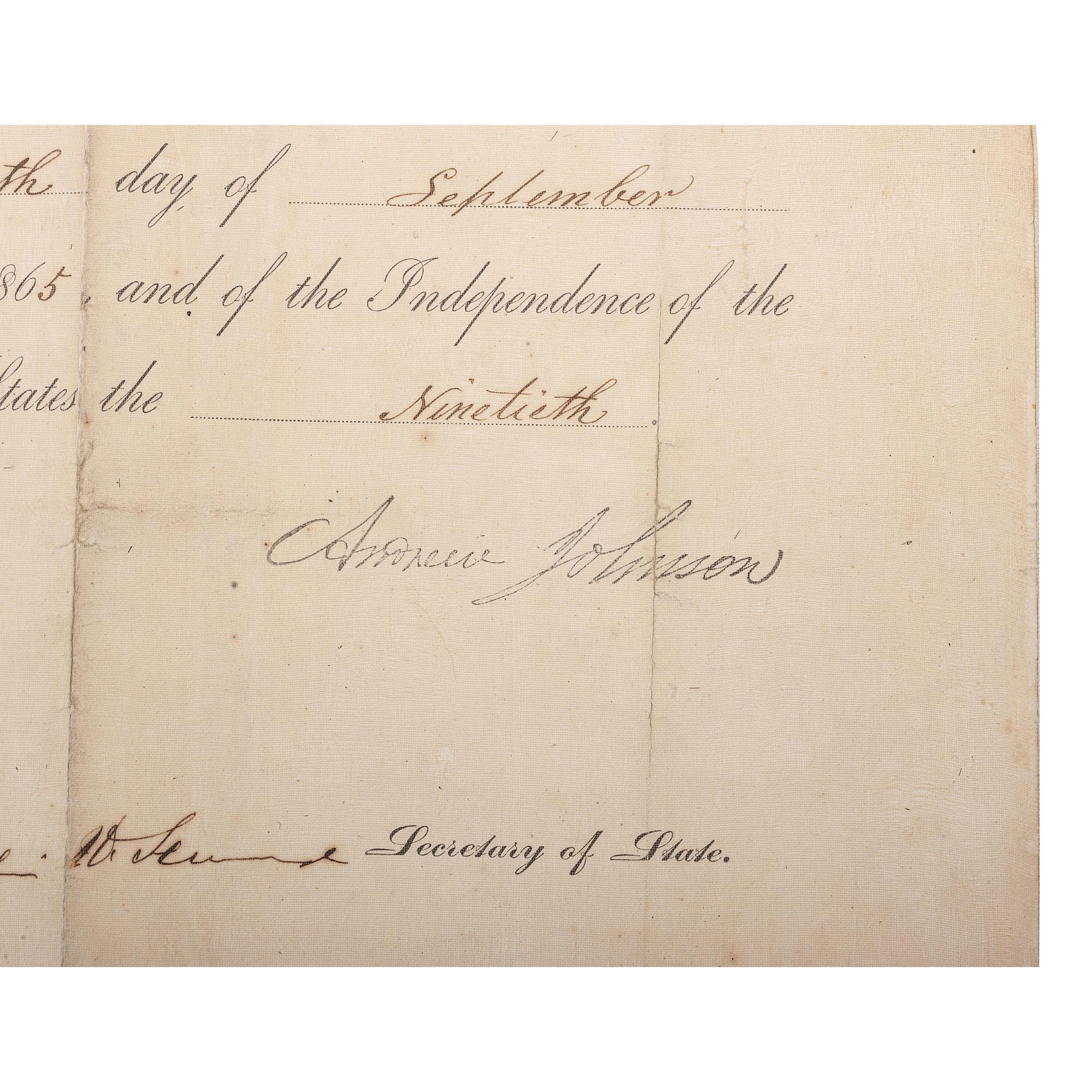 [CIVIL WAR]. JOHNSON, Andrew (1808-1875). SEWARD, William H. (1801-1872). Partly-printed Presidential pardon stamp-signed ("Andrew Johnson") and signed ("WIll. H. Seward") for W.T. Harwood. Washington DC, 20 September 1865.