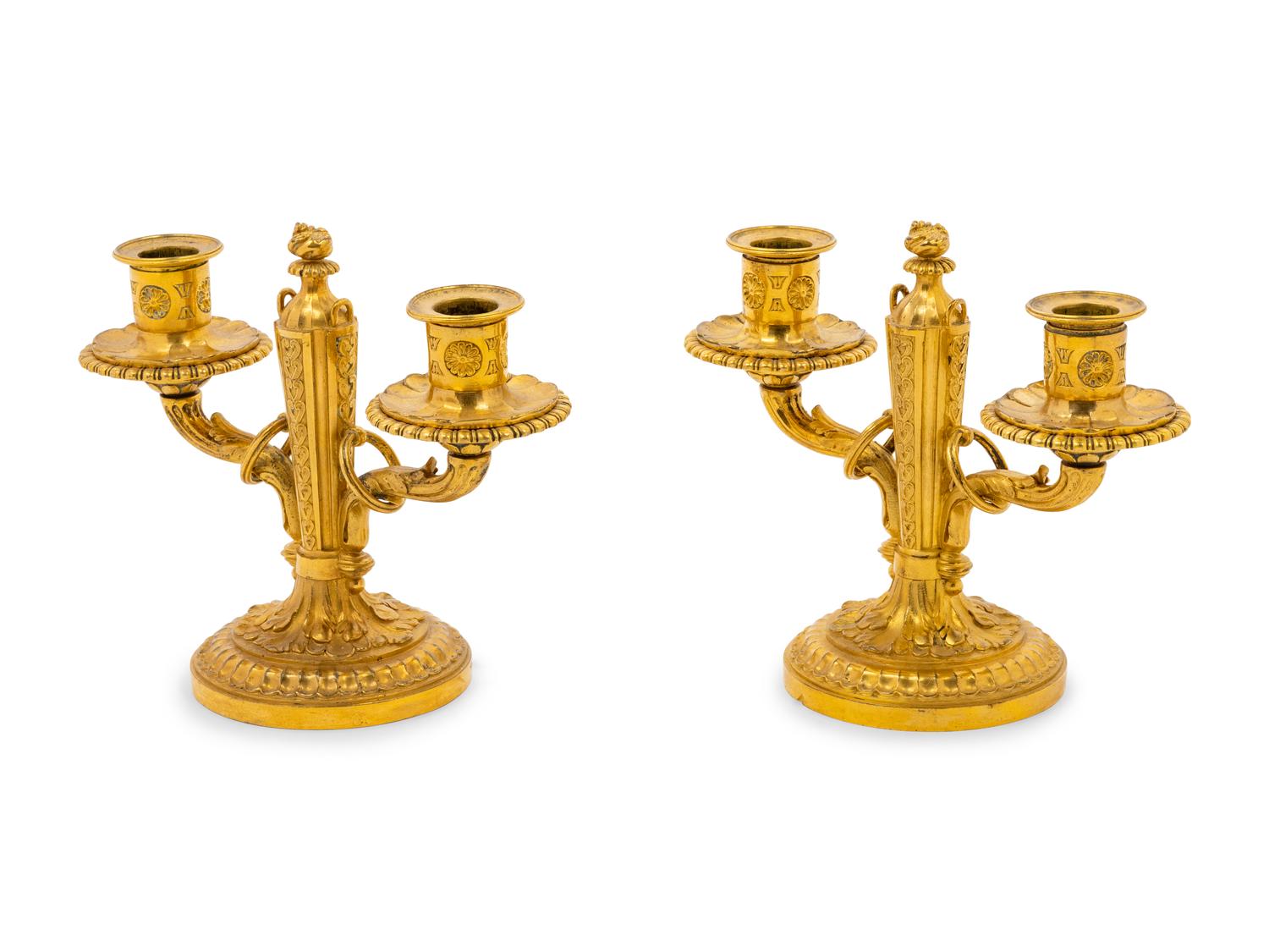 A Pair of Baltic Neoclassical Gilt Bronze Two-Light Candelabra